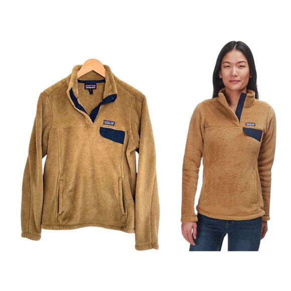 Patagonia Jacket Women Medium Tan Navy Re-Tool Snap T Fleece Pullover 25443 - Picture 1 of 14